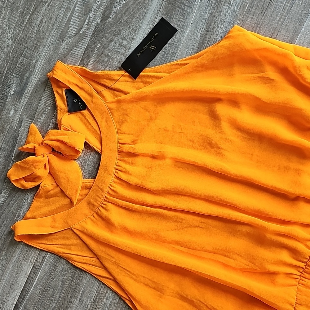 NWT Worthington Orange Sleeveless Dress Chiffon High Low 14 Cinched Waist - Picture 4 of 9